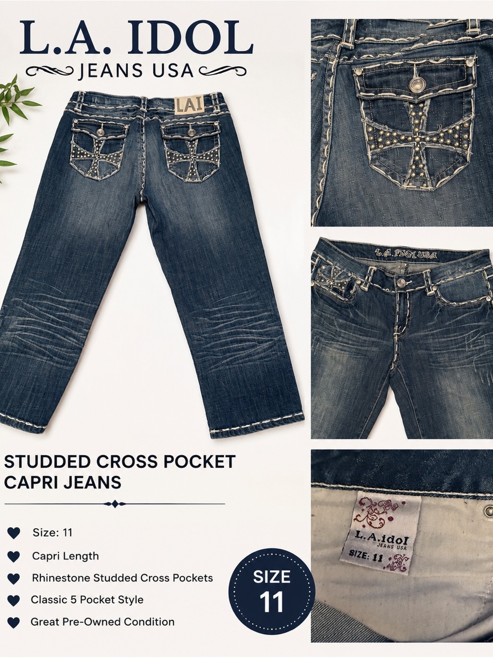 L.A. Idol USA Studded Cross Pocket Capri Jeans Size 11